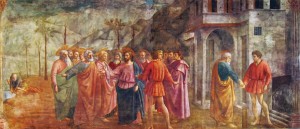 Masaccio: Affreschi nella Cappella Brancacci, chiesa del Carmine, Firenze. Scena del Tributo.